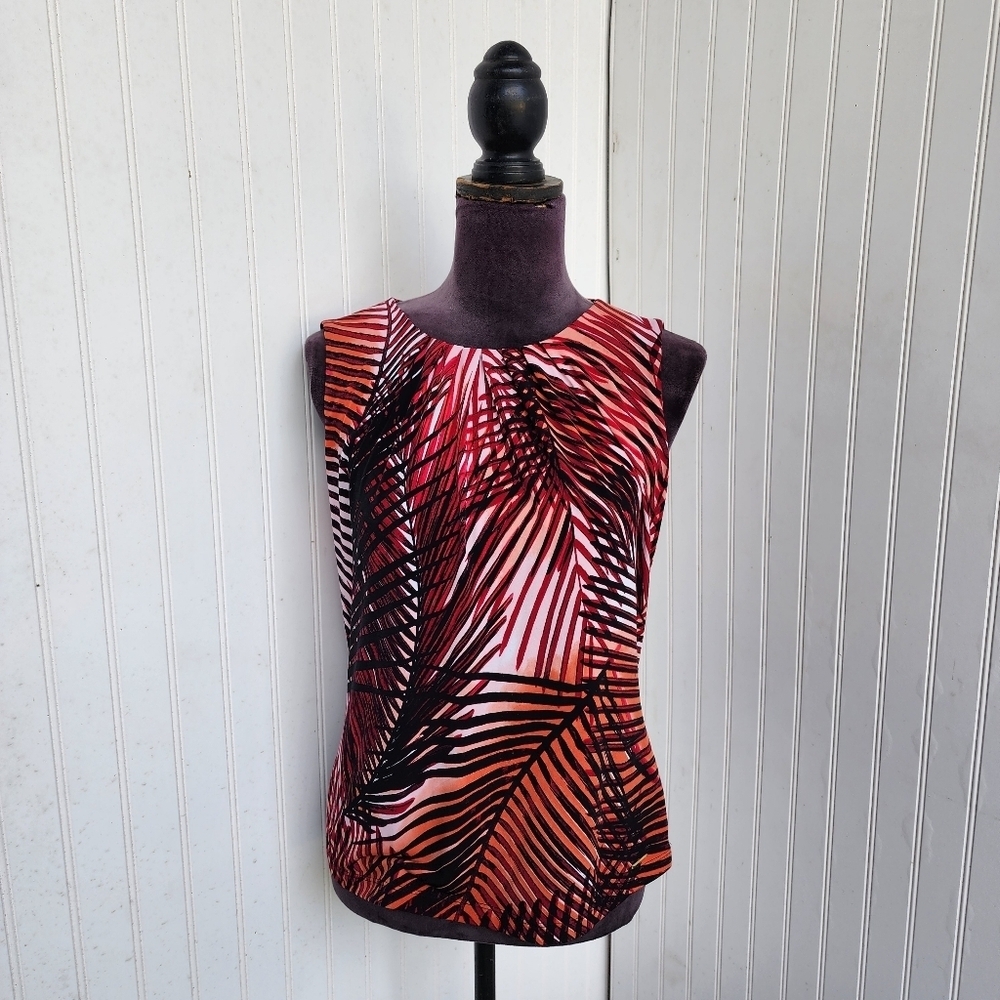CALVIN KLEIN Black Red Palm Print Stretch Tank Top Blouse Sleveless Sz S